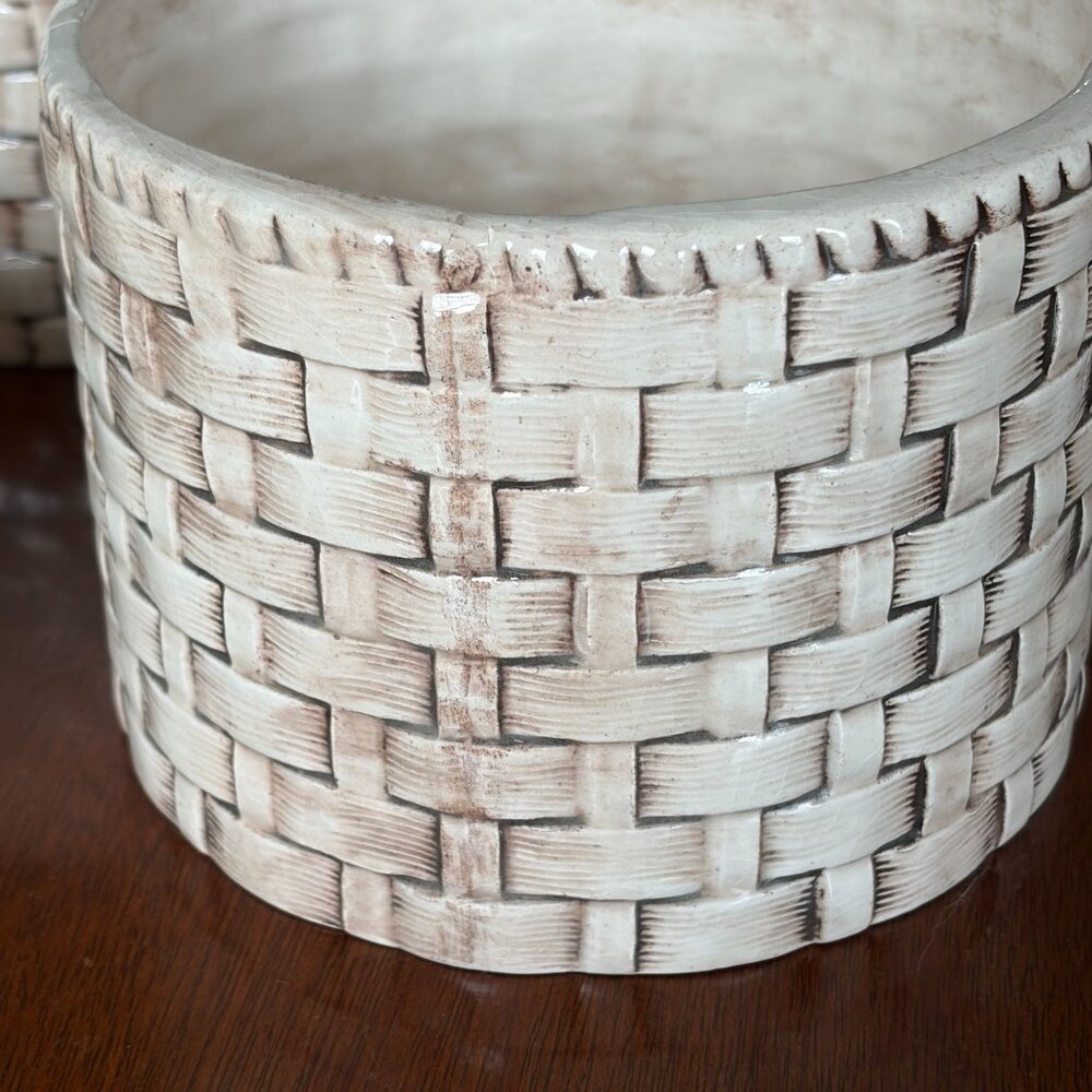 Vintage Set of 4 Faux Basket Weave Ceramic Planters Cachepots Farmhouse Rustic - Picture 5 of 11